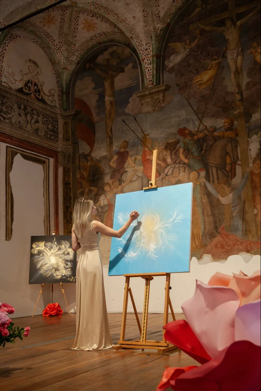 Alena Angel Art — painting live inside a frescoed historic hall